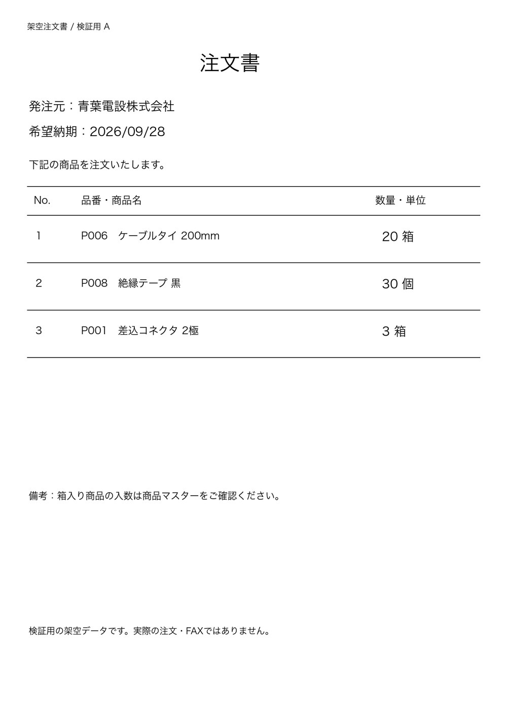 検証用に作成した注文書A