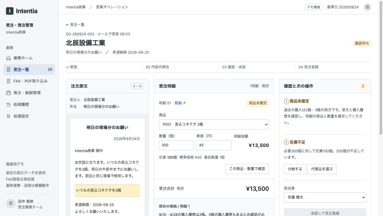 Order Management AI Agent showing the source order, line items and review flags — Japanese interface