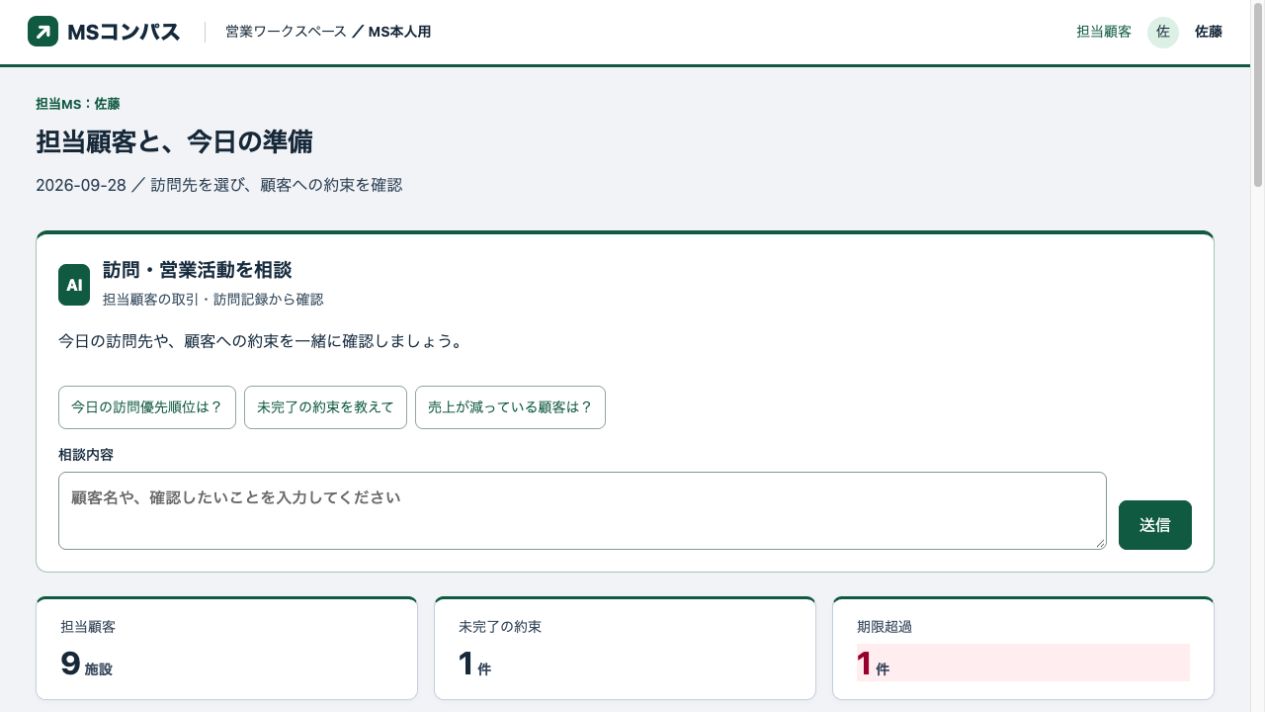 得意先の情報をもとに、訪問準備や提案内容を相談する営業支援AIの画面